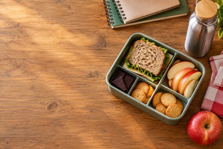 słodycze do szkoły w lunchboxie z kanapką i owocami