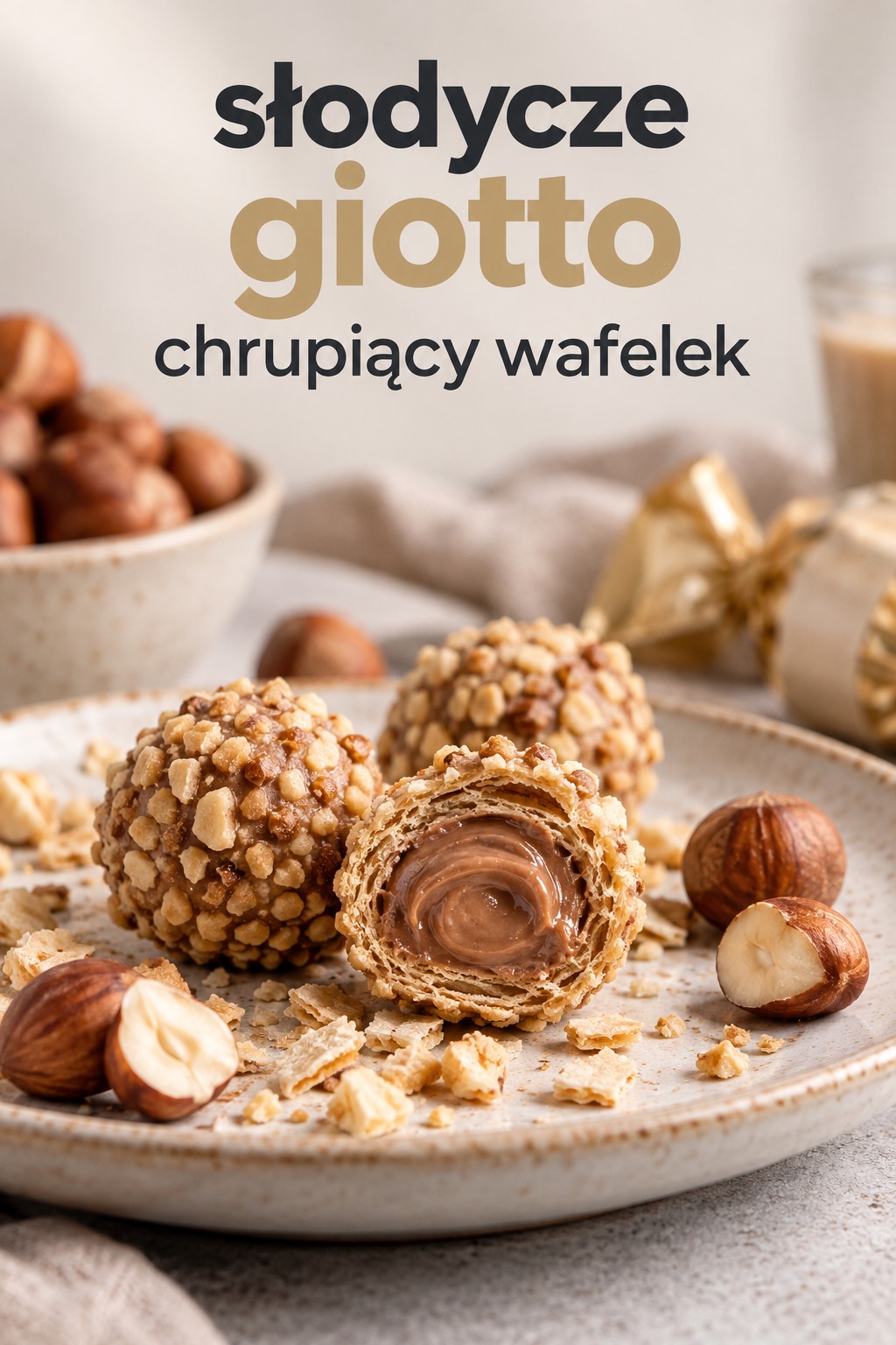Słodycze Giotto chrupiący wafelek słodycze giotto z przekrojoną waflową kulką i kremem