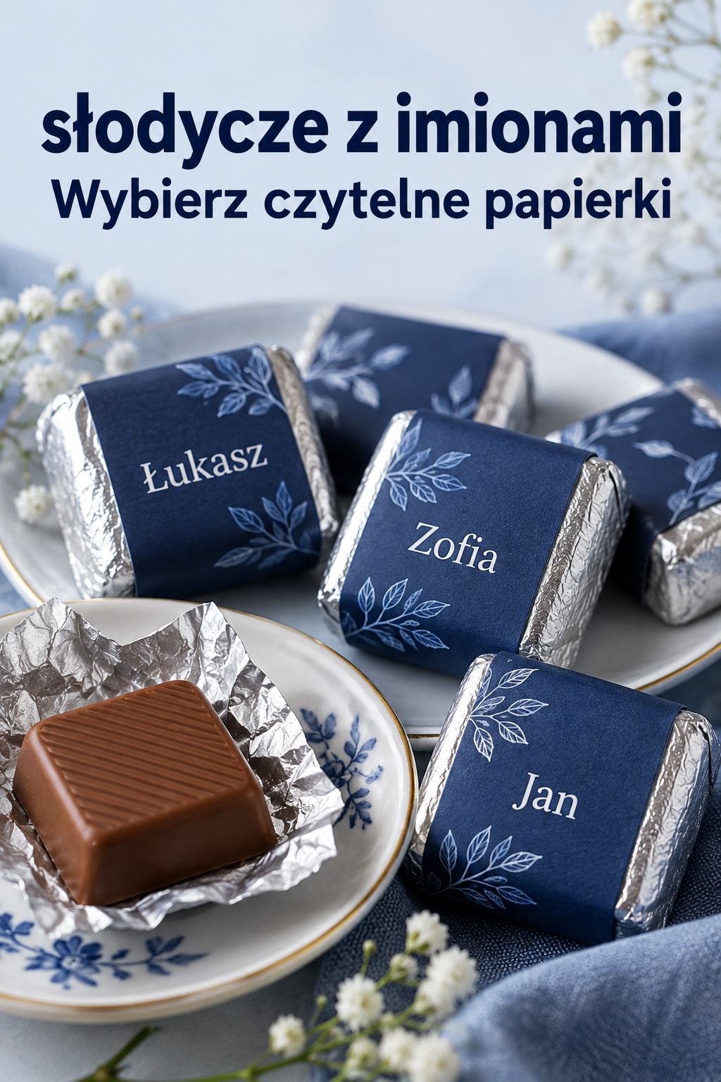 Czekoladki z imiennymi etykietami Słodycze z imionami na papierkach mlecznych czekoladek