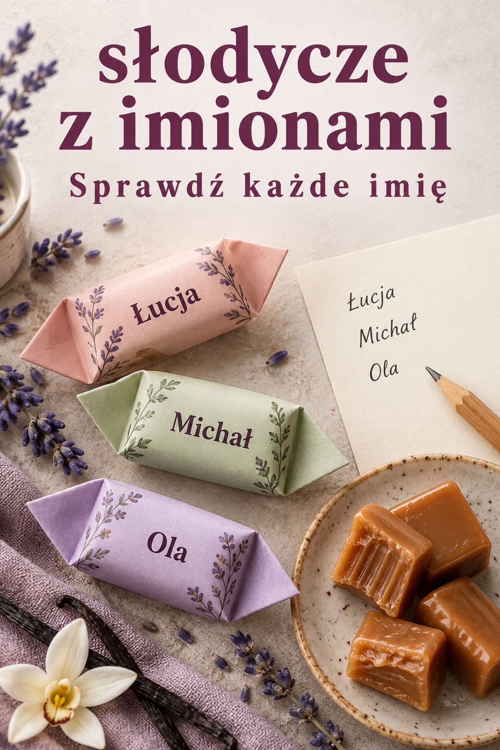 Lista imion do zamówienia Słodycze z imionami i lista trzech odbiorców do sprawdzenia