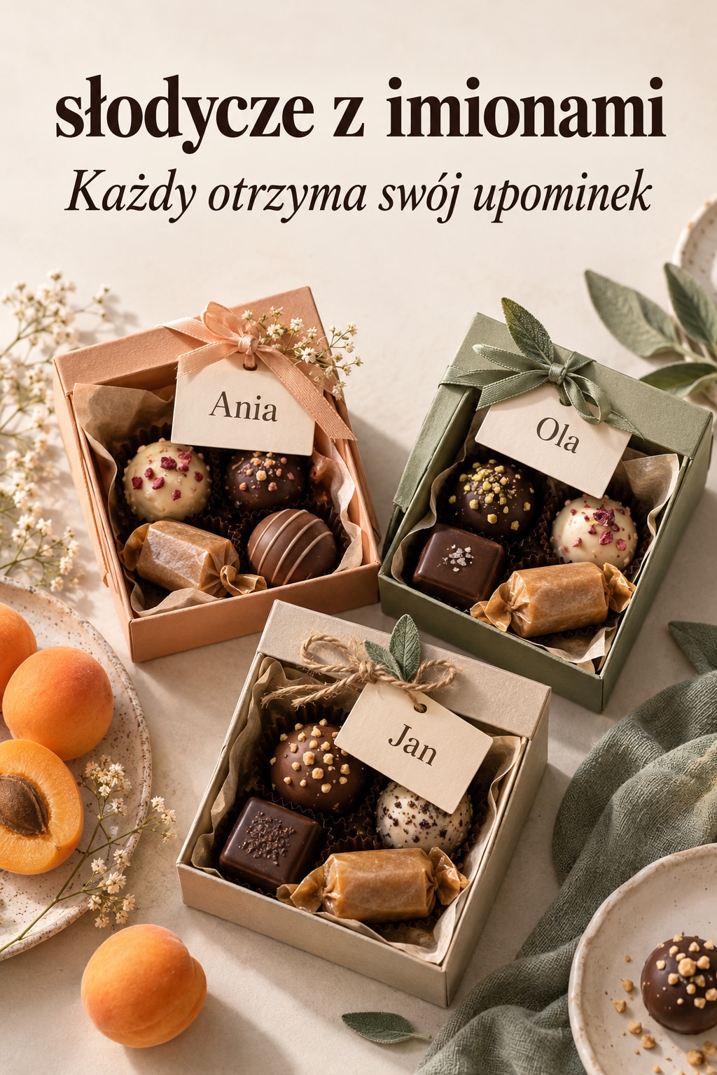 Słodycze z imionami w pudełkach Słodycze z imionami w trzech pudełkach prezentowych