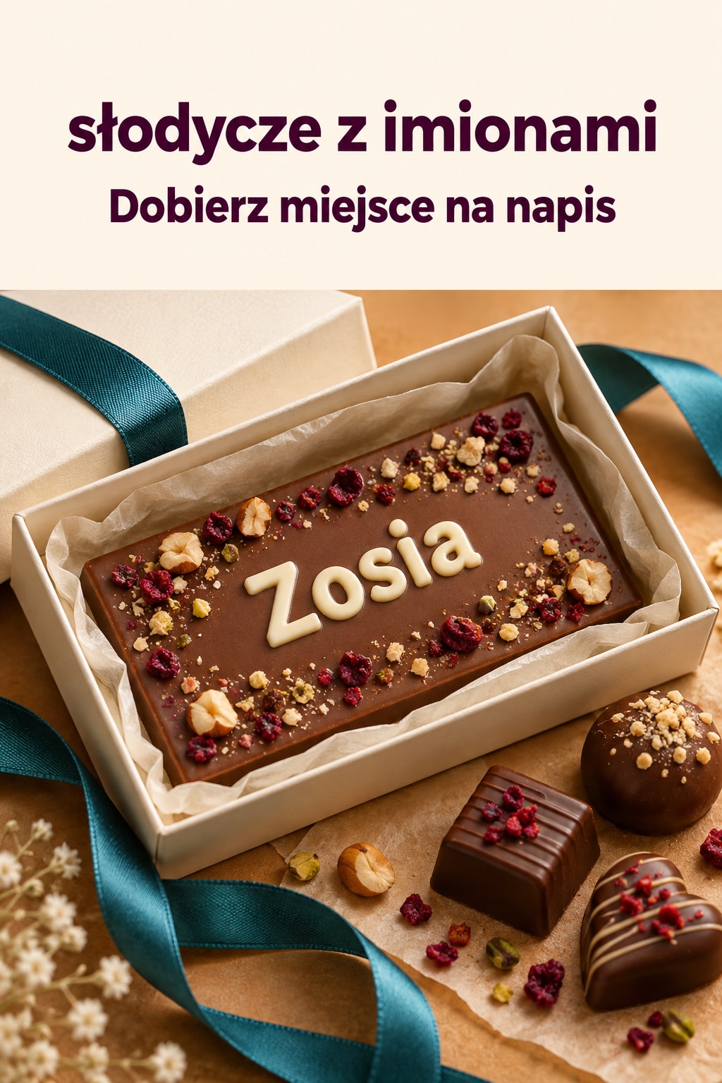 Imię ułożone z czekoladowych liter Słodycze z imionami na tabliczce z liter z białej czekolady