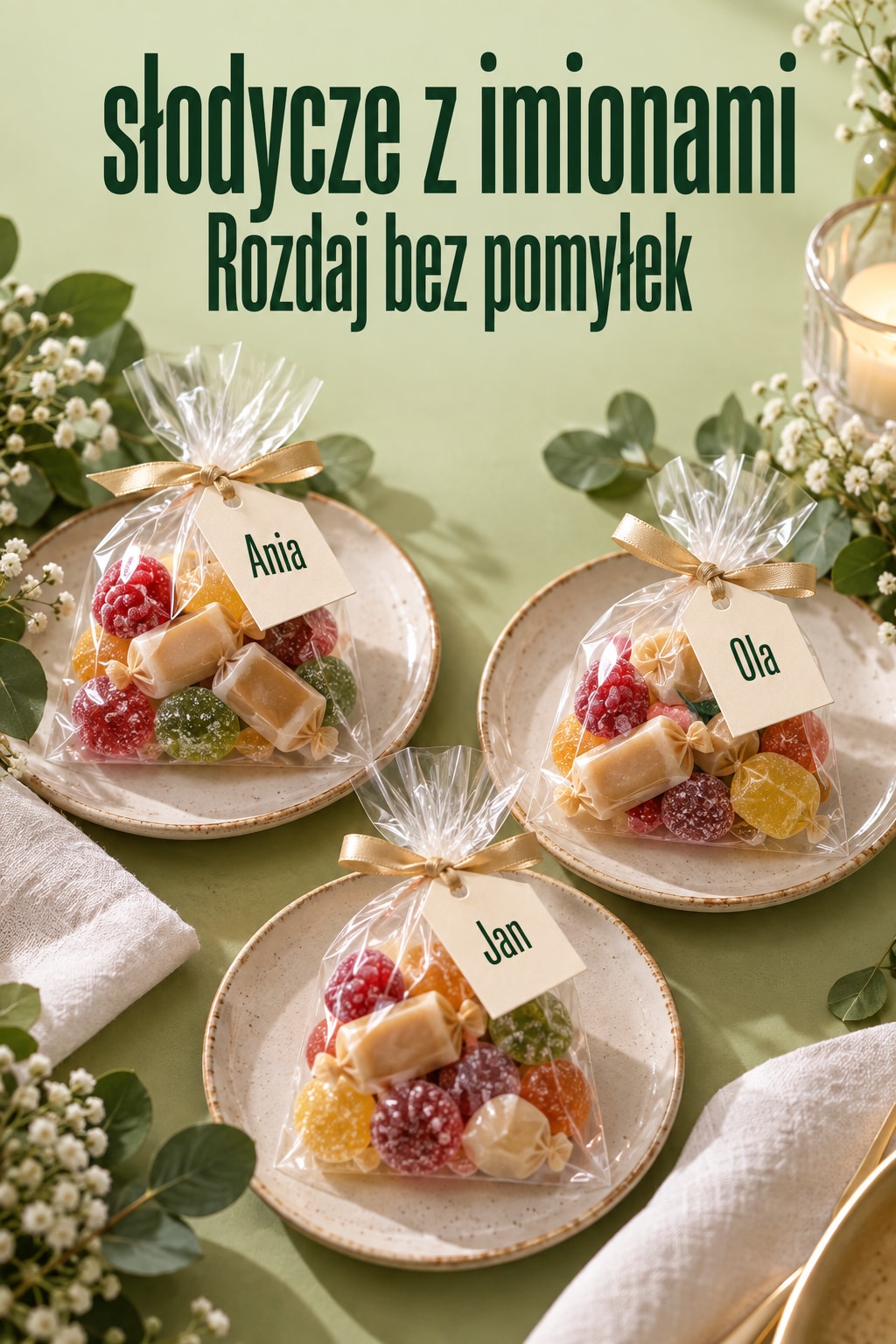 Imienne paczuszki ze słodyczami Słodycze z imionami w oddzielnych paczuszkach dla gości