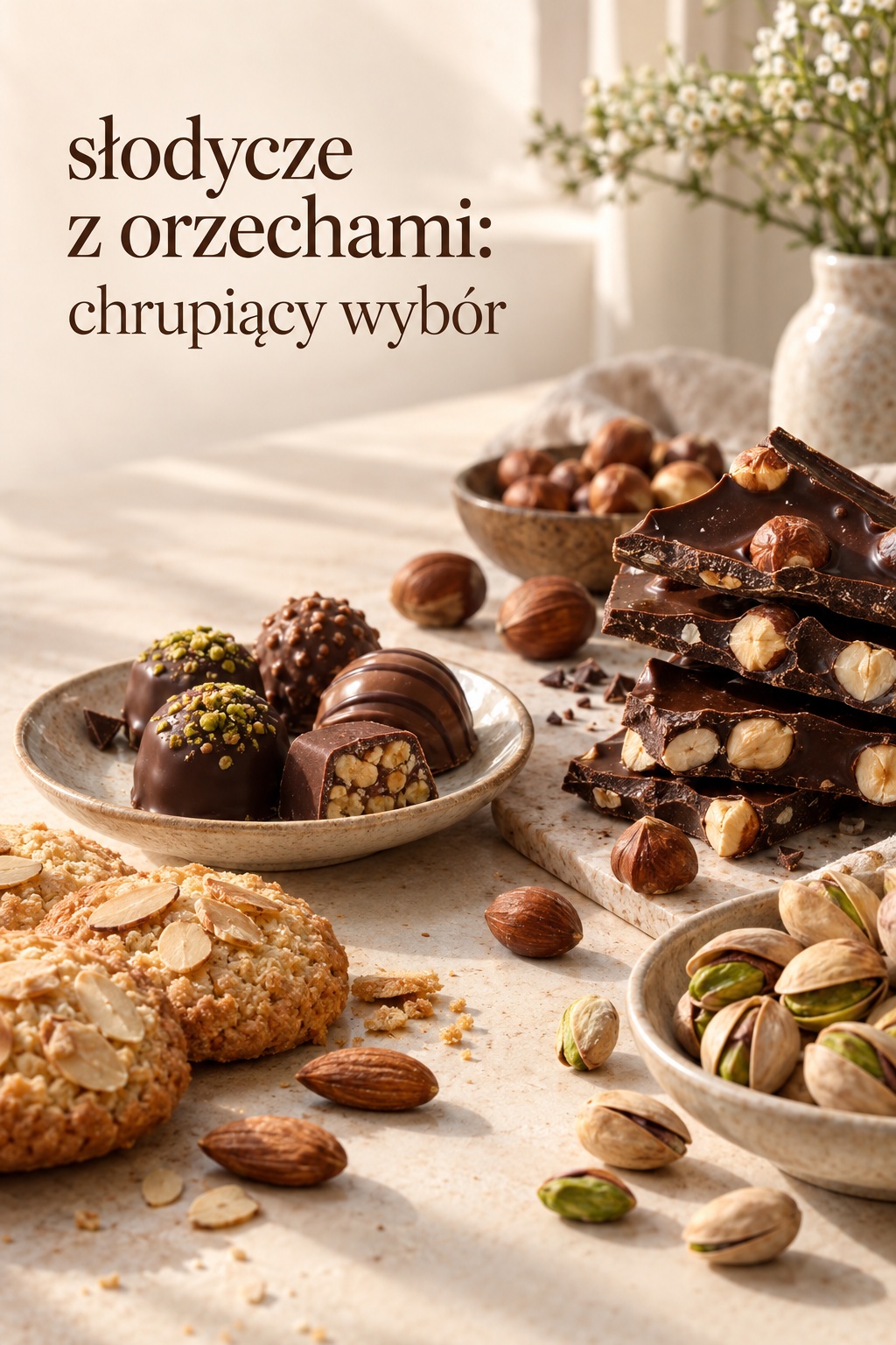 Słodycze z orzechami i czekoladą Słodycze z orzechami: czekolada, praliny, pistacje i migdałowe ciastka