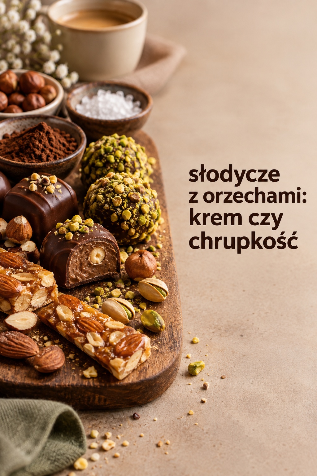 Słodycze z orzechami: krem Słodycze z orzechami: praliny pistacjowe, nugat i krucha przekąska
