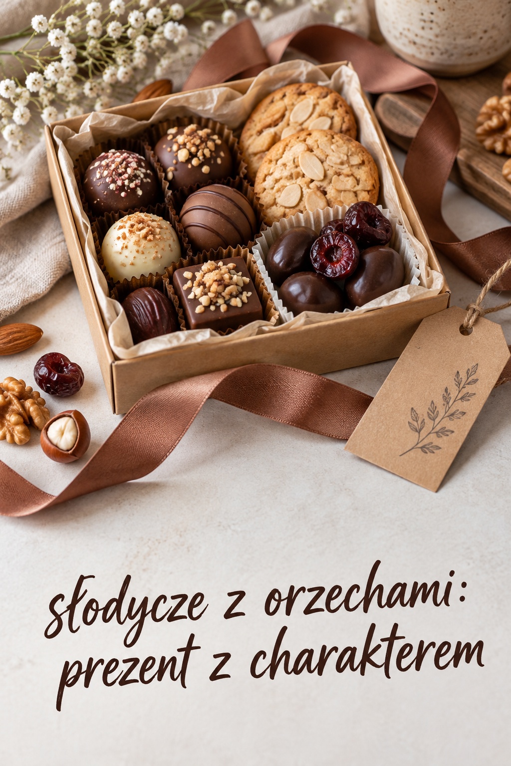 Słodycze z orzechami na prezent Słodycze z orzechami w pudełku prezentowym z pralinami i ciasteczkami