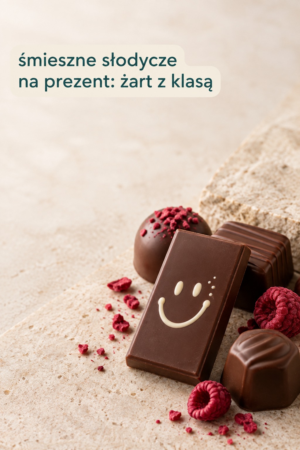 śmieszne słodycze na prezent: czekolada z uśmiechem i malinami
