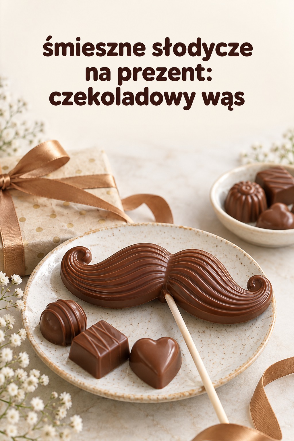 śmieszne słodycze na prezent: czekolada w kształcie wąsów z pralinkami
