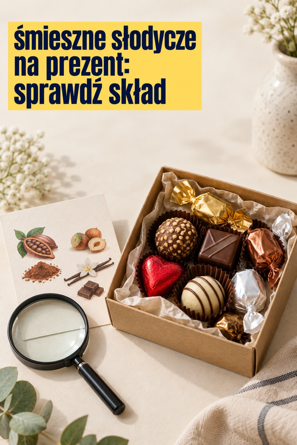 śmieszne słodycze na prezent: praliny i lupa do sprawdzenia składu