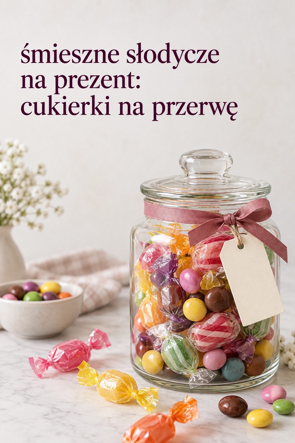 śmieszne słodycze na prezent: słoik kolorowych cukierków z wstążką