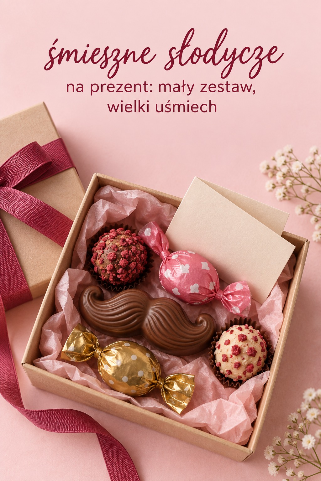 śmieszne słodycze na prezent: pudełko z pralinkami i bilecikiem