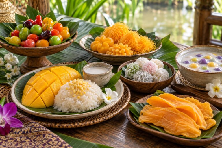 tajskie słodycze na stole: mango sticky rice, luk chup i desery kokosowe