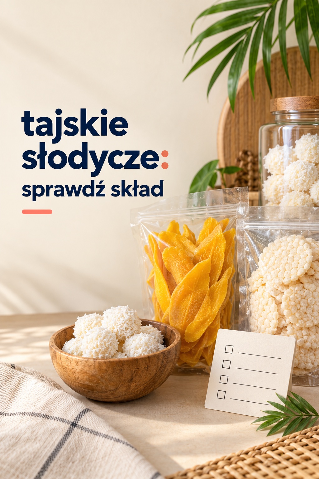 tajskie słodycze pakowane: suszone mango, wafle ryżowe i kokos