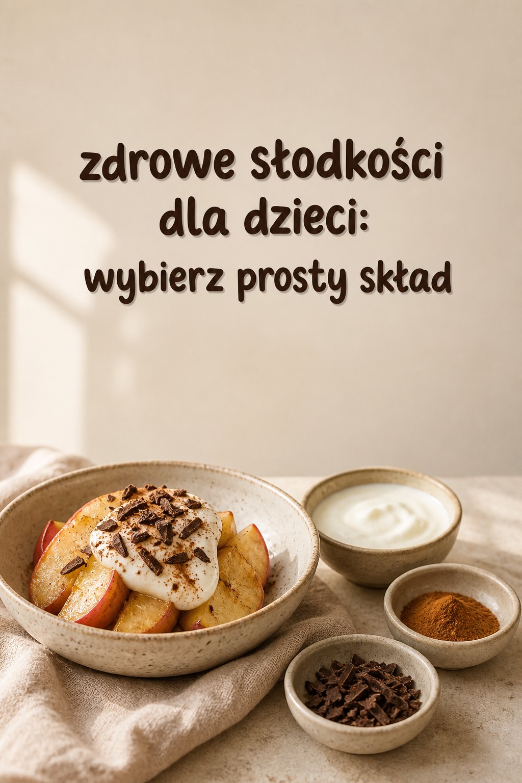 Zdrowe słodkości dla dzieci prosty skład zdrowe słodkości dla dzieci: pieczone jabłko z jogurtem i kakao