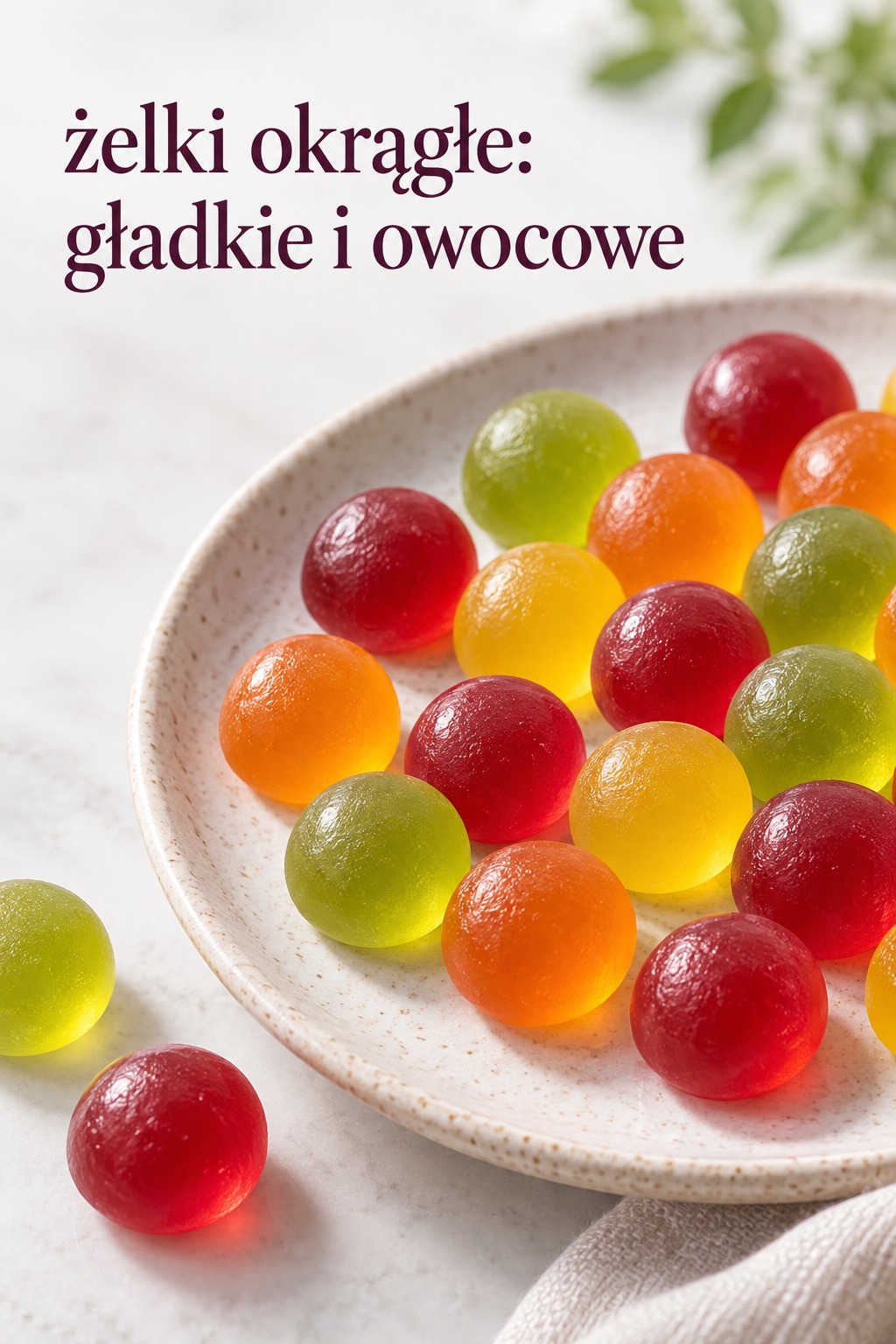 Żelki okrągłe gładkie kulki żelki okrągłe gładkie w kilku owocowych kolorach na jasnym talerzu