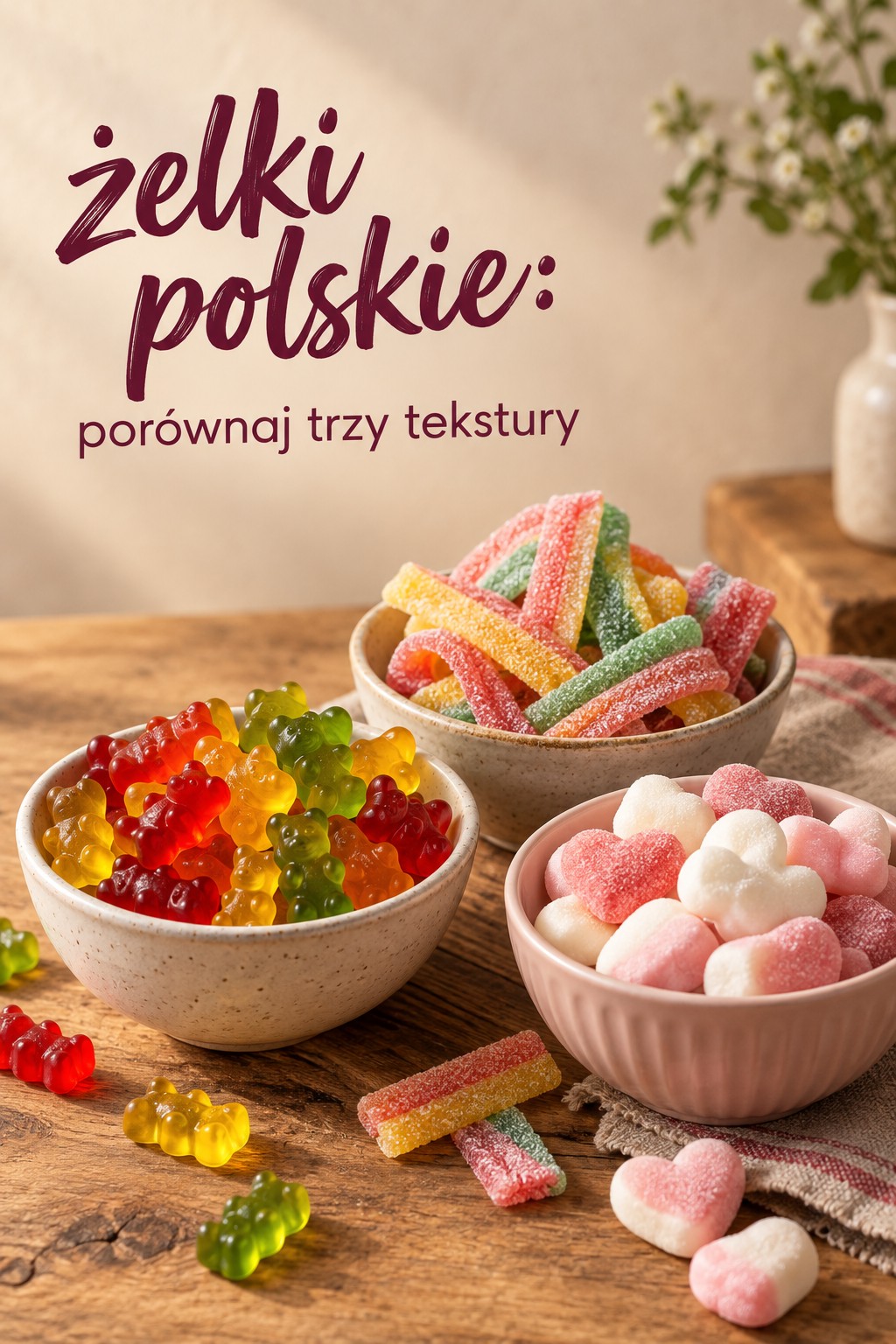 Żelki polskie trzy tekstury żelki polskie klasyczne kwaśne i piankowe w trzech miskach