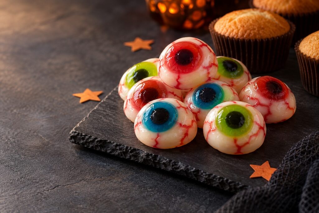 Żelki w kształcie oka na halloweenowym stole