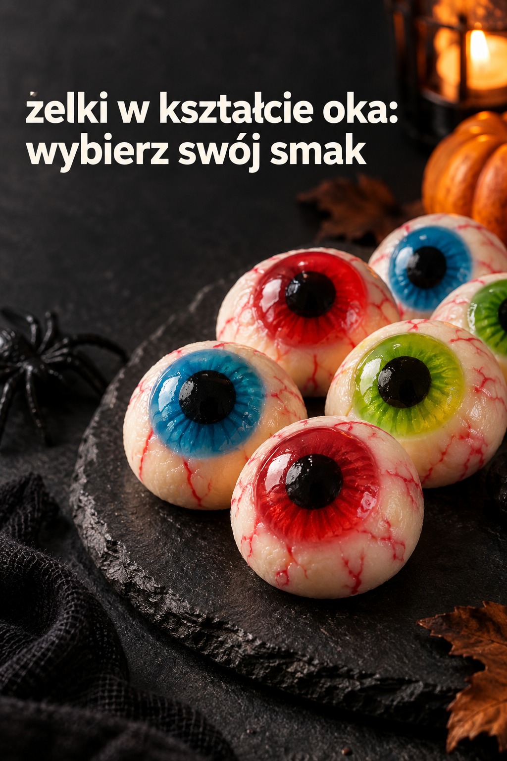 Żelki w kształcie oka na ciemnym talerzu