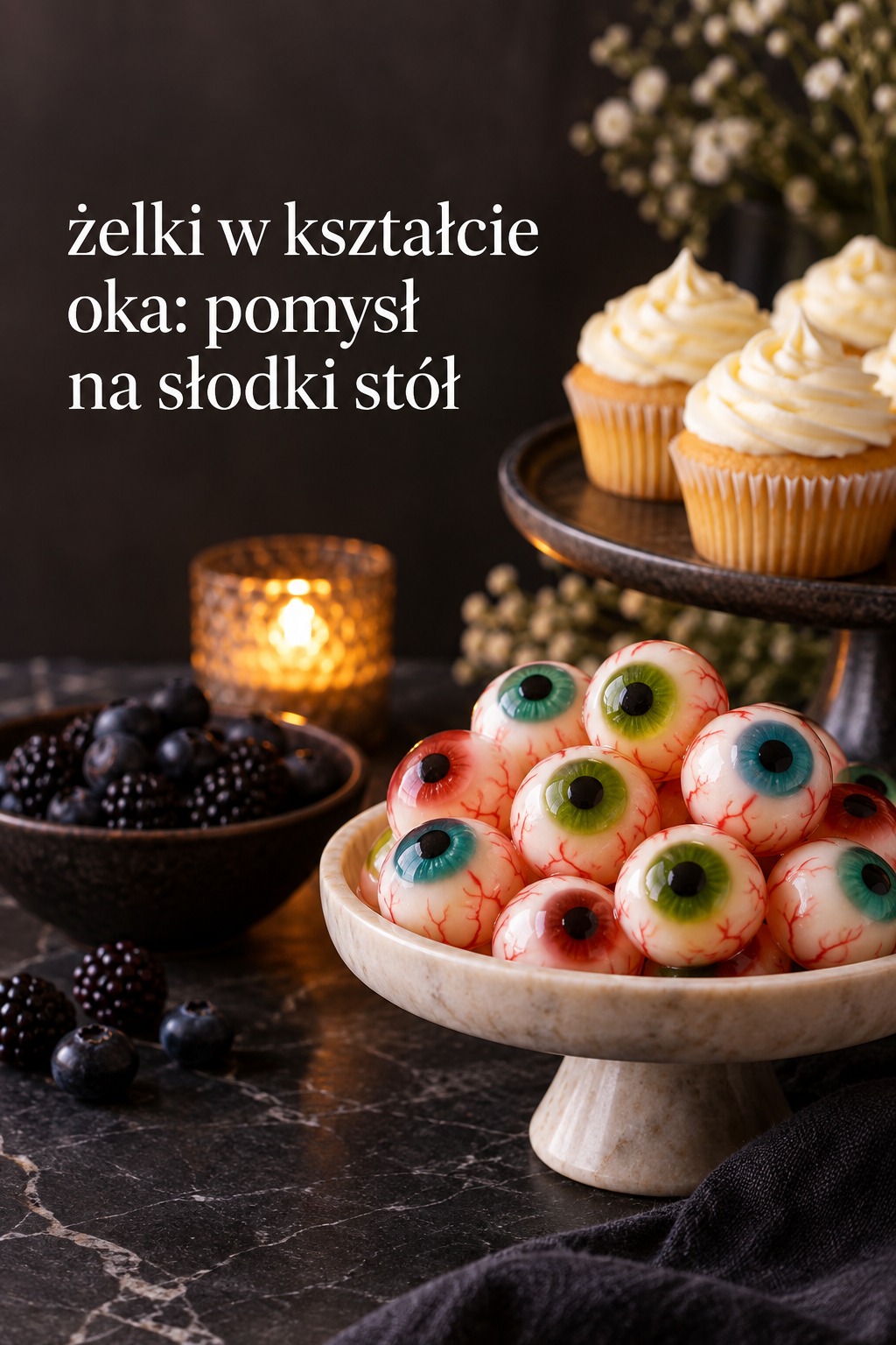 Żelki w kształcie oka na słodkim stole