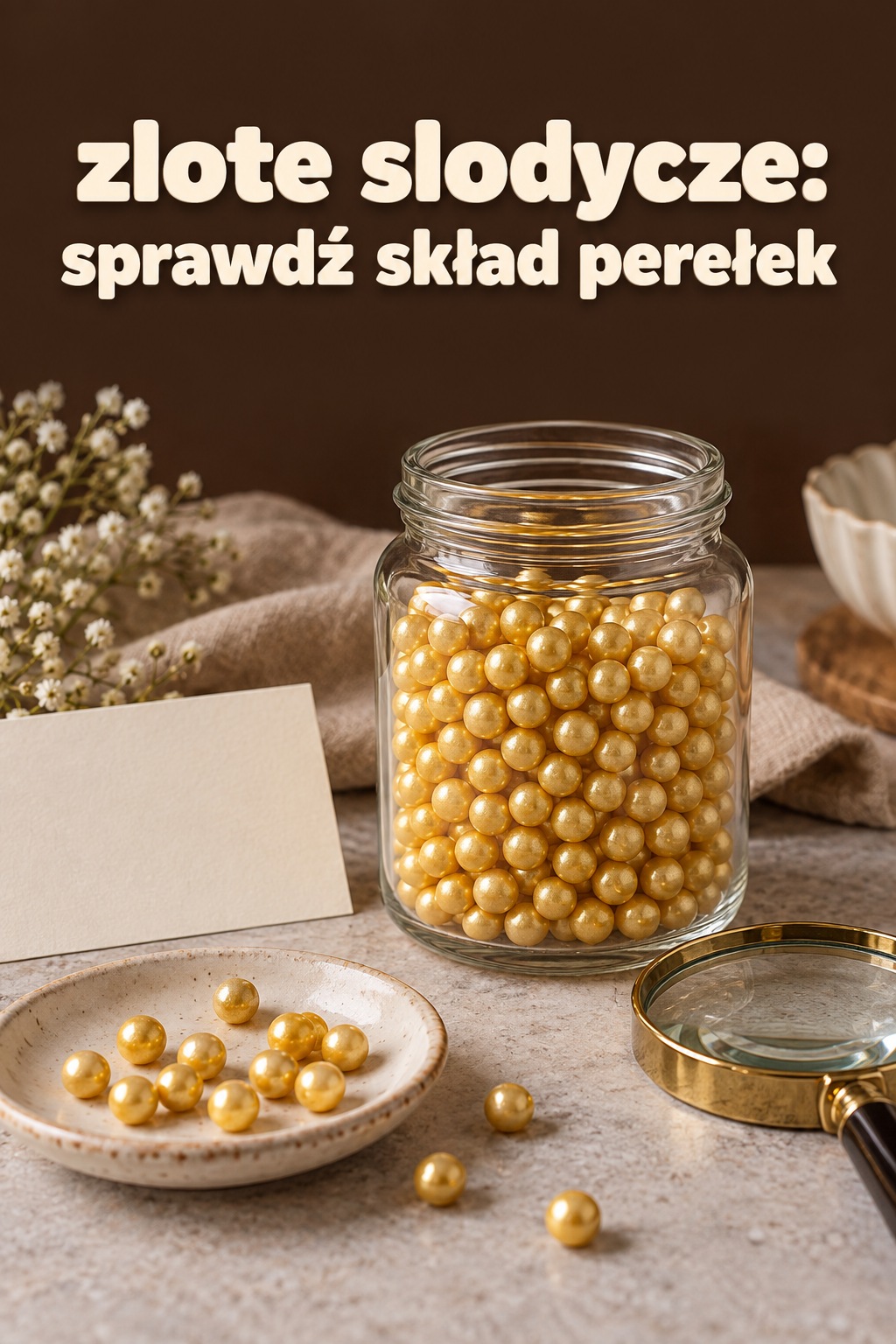 Złote słodycze i skład perełek zlote slodycze, złote perełki cukrowe obok karty i lupy