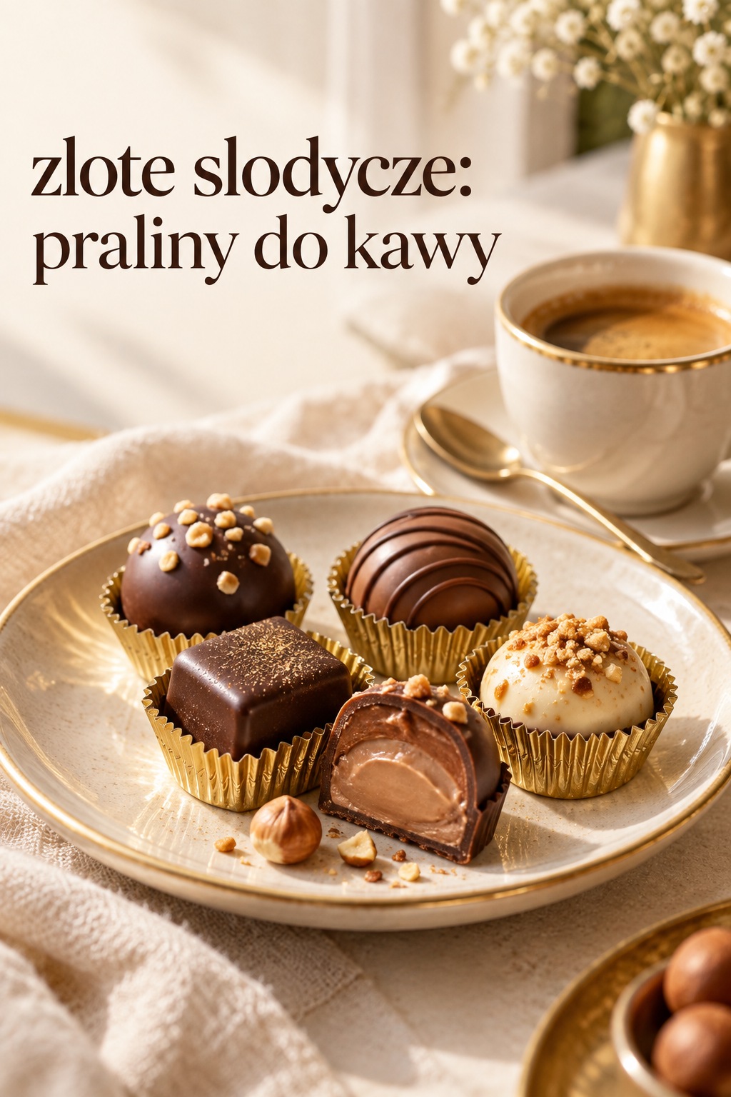 Złote słodycze: praliny do kawy zlote slodycze, praliny w złotych papilotkach podane z kawą