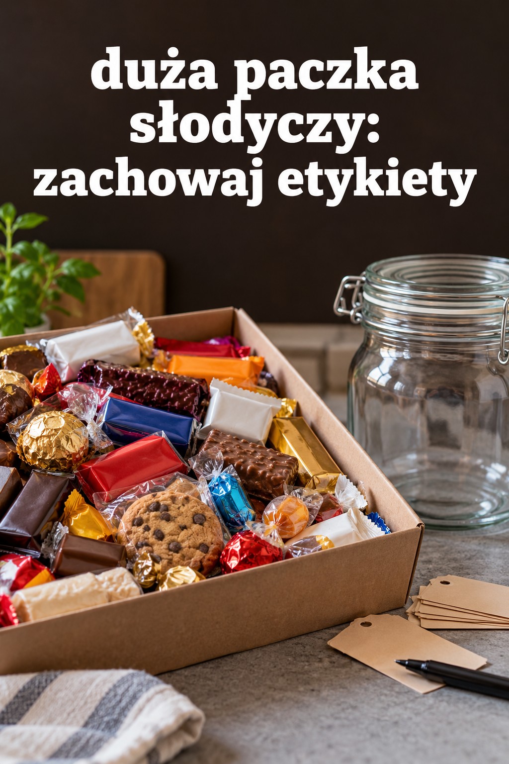 Duża paczka słodyczy, etykiety duża paczka słodyczy obok pustego słoja i zachowanych etykiet