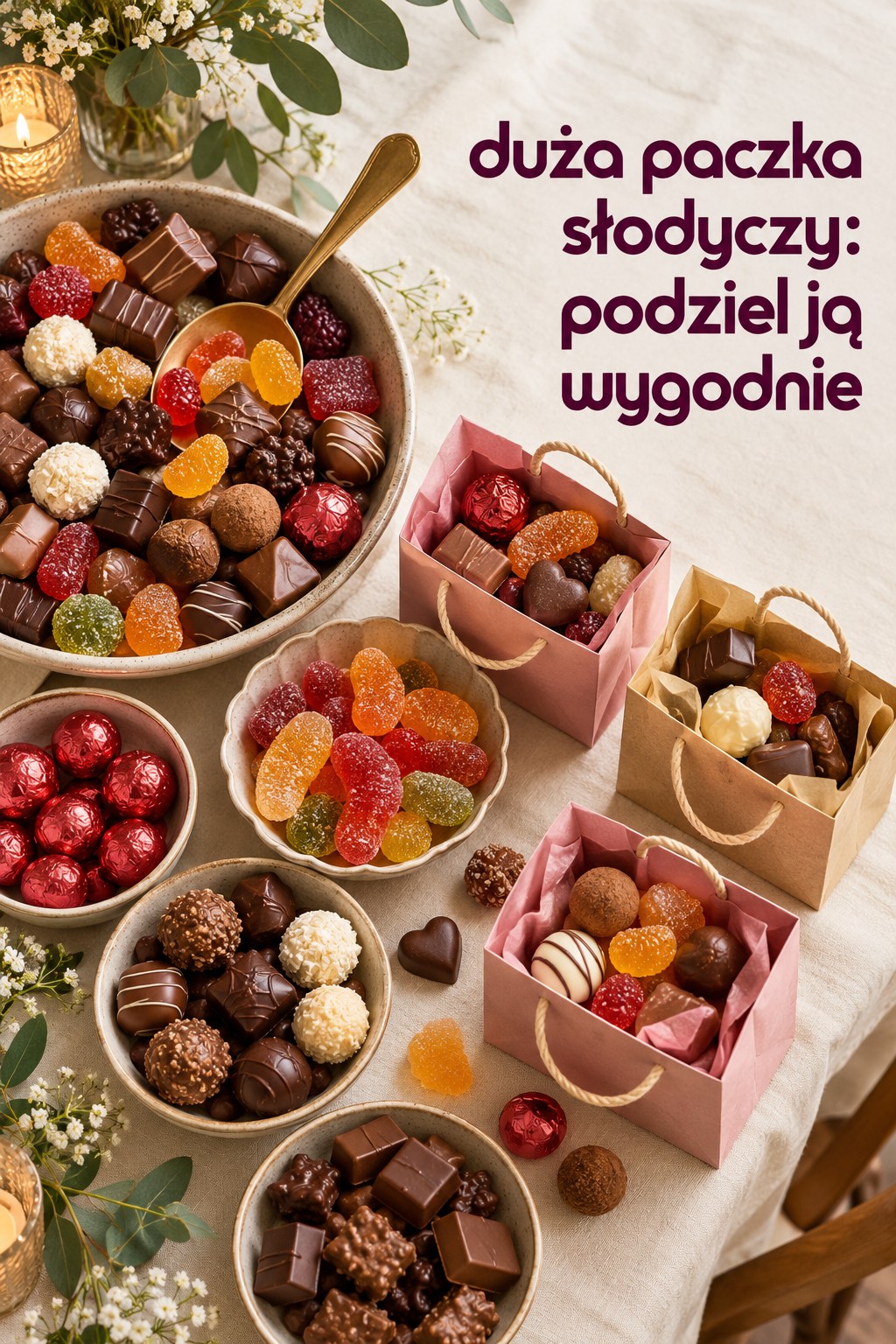 Duża paczka słodyczy, podział porcji duża paczka słodyczy rozdzielona do misek i papierowych torebek