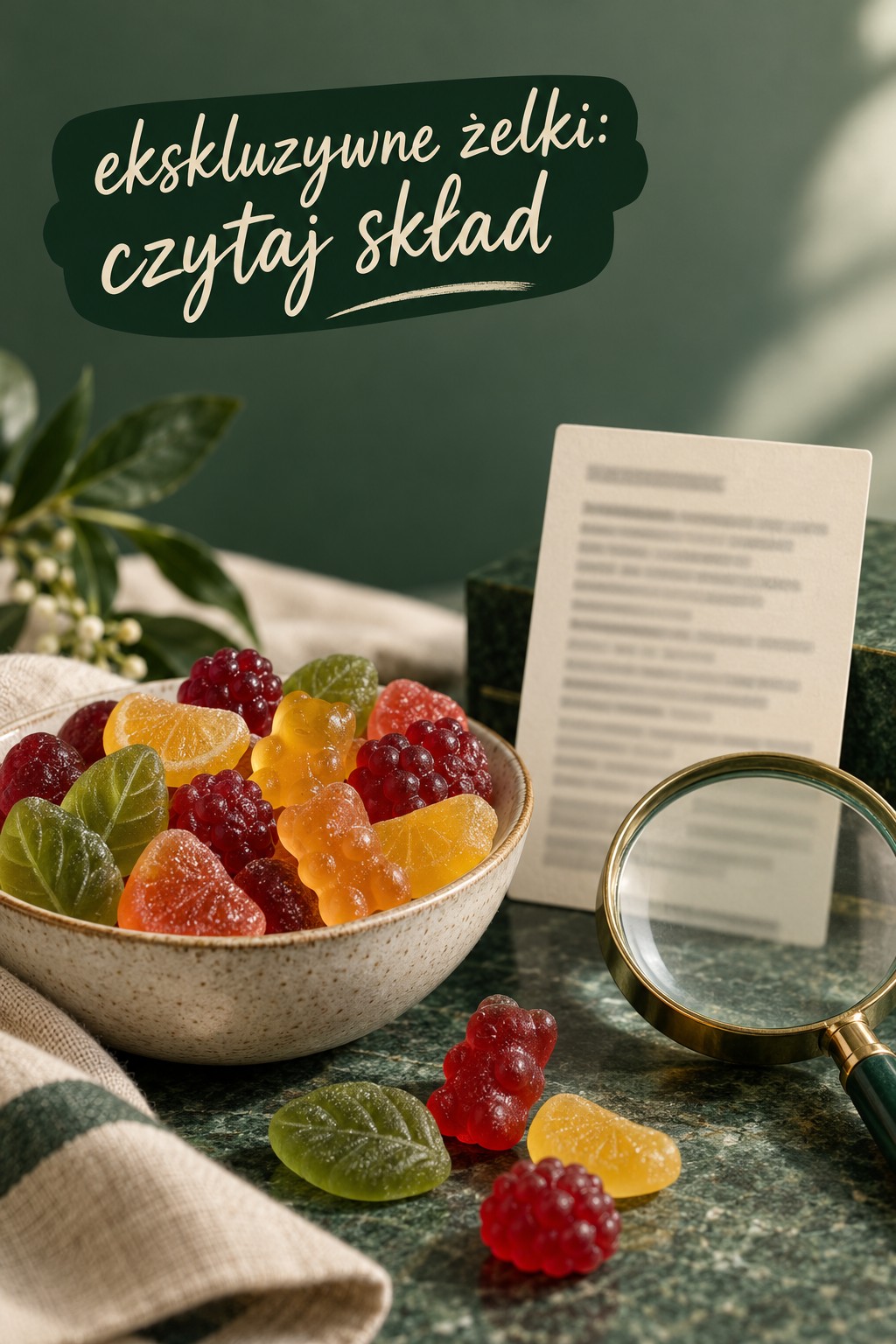 Ekskluzywne żelki, sprawdź skład ekskluzywne żelki obok symbolicznej etykiety i lupy do sprawdzania składu