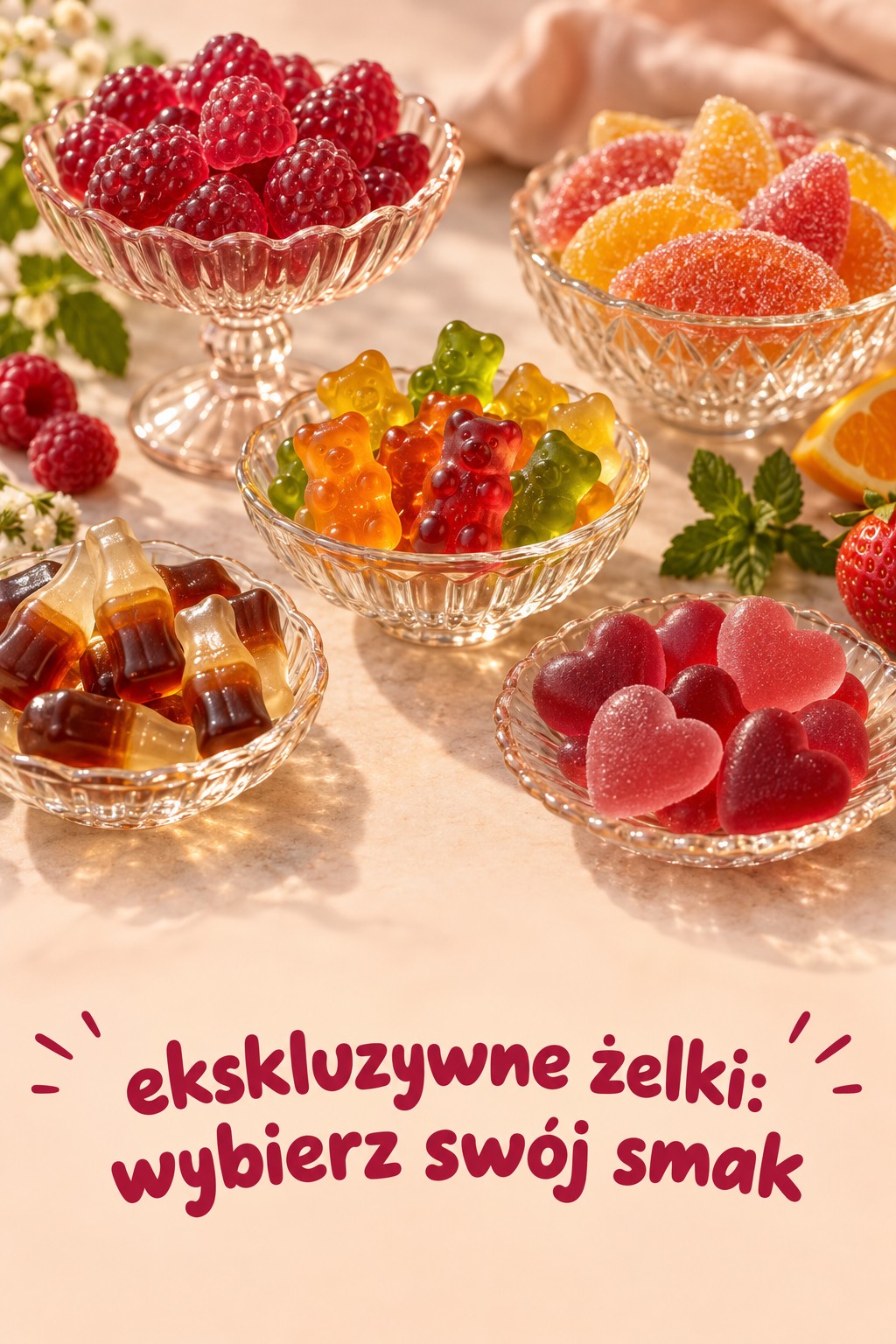Ekskluzywne żelki, wybór smaków ekskluzywne żelki w miseczkach, kolorowy wybór smaków
