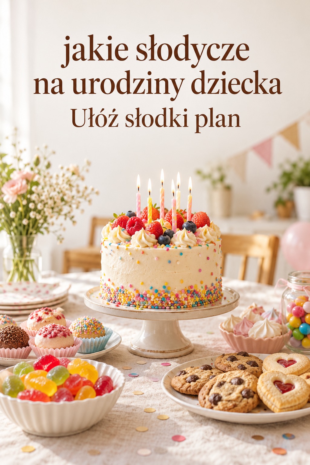 Domowy stół z tortem i słodyczami Jakie słodycze na urodziny dziecka: tort, ciastka i żelki na domowym stole
