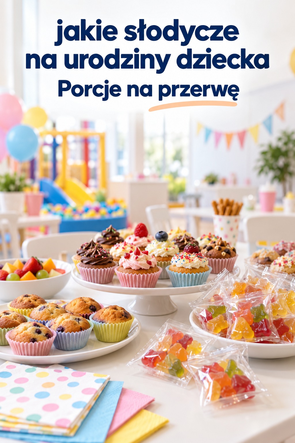 Porcje słodyczy do sali zabaw Jakie słodycze na urodziny dziecka: mini babeczki i porcje żelków w sali zabaw