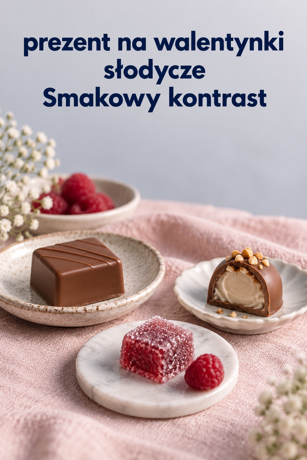 prezent na walentynki słodycze: czekoladka, owocowy cukierek i pralina