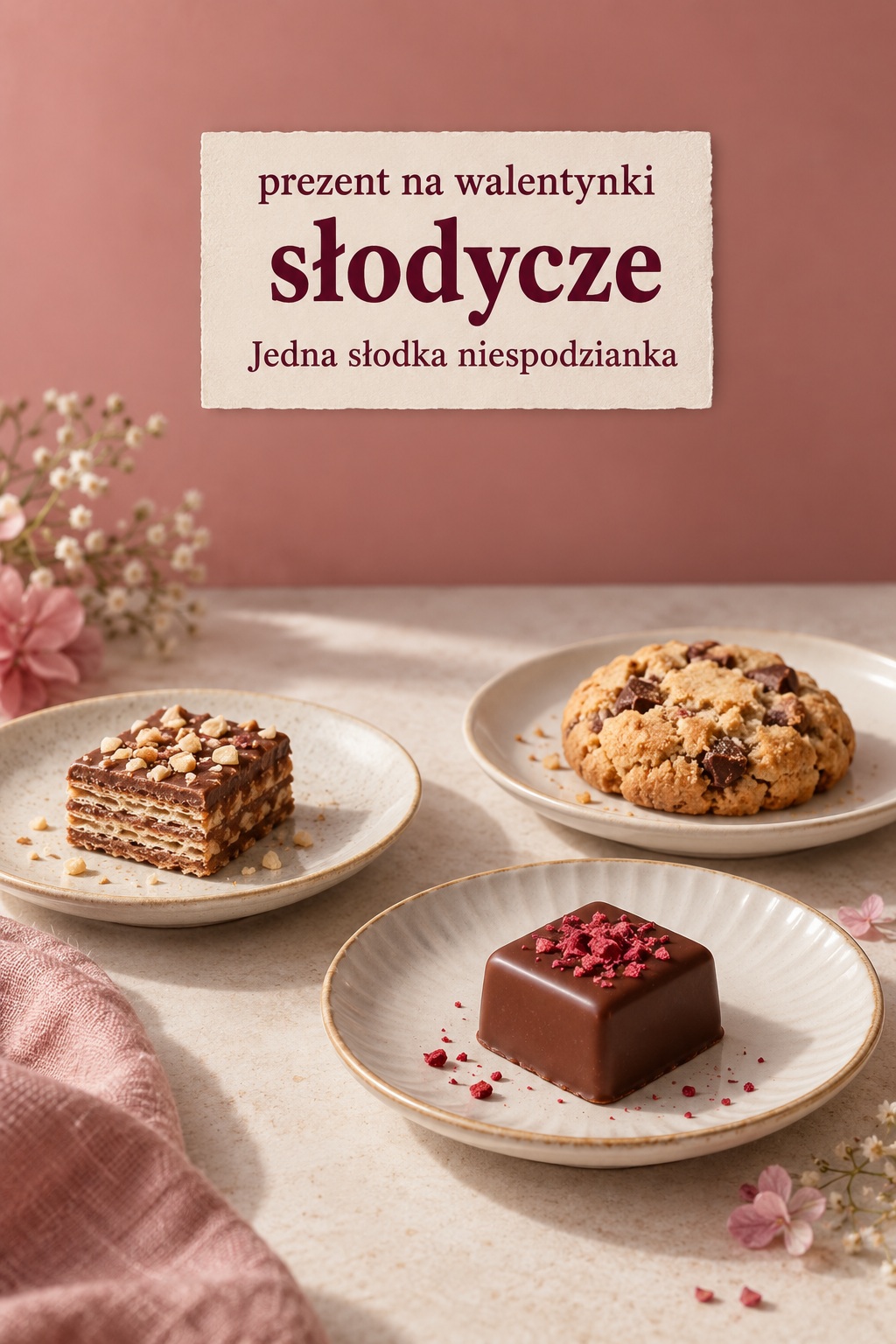 prezent na walentynki słodycze: kruche ciastko, wafelek i pralina