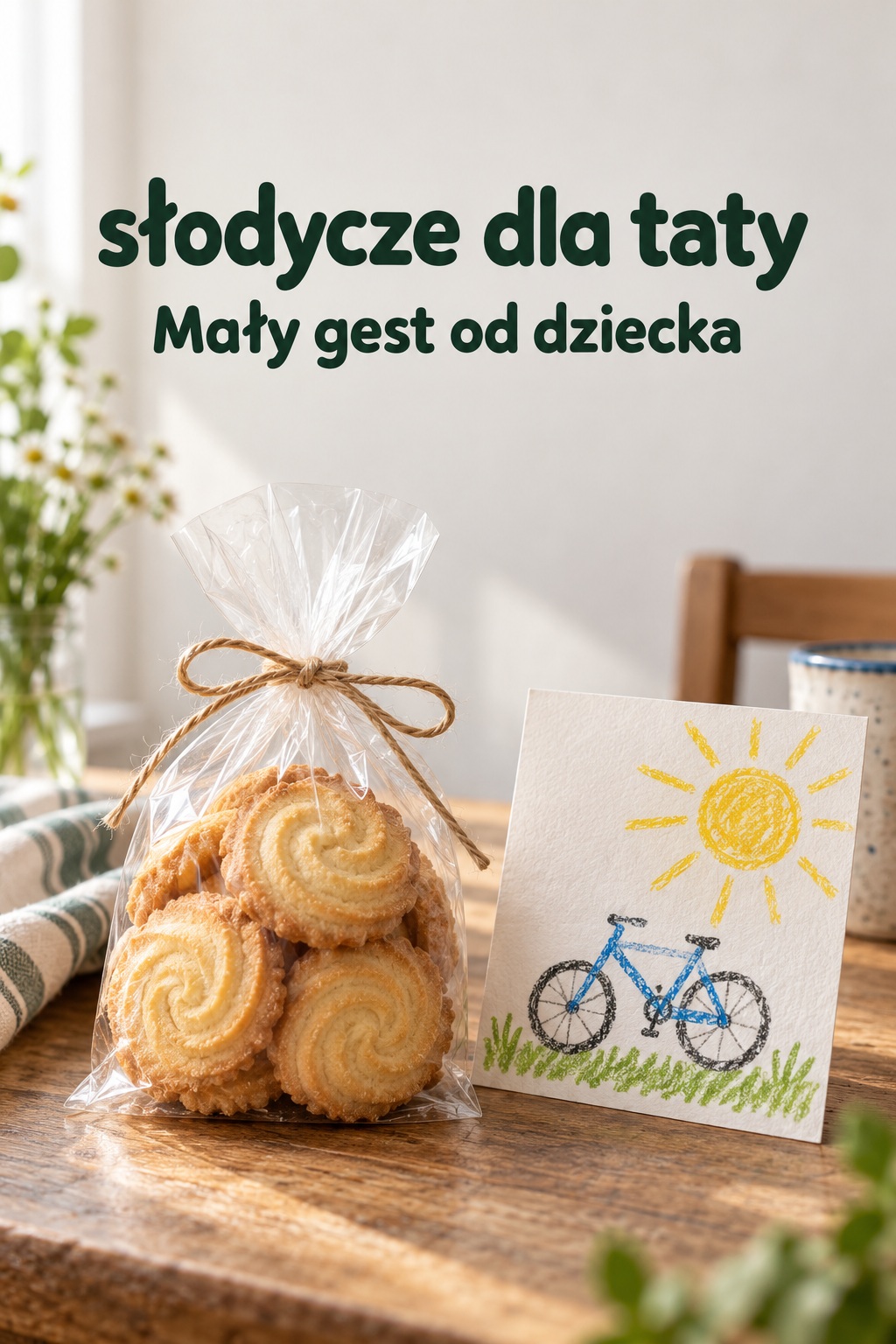 Słodycze dla taty: ciastka i rysunek dziecka Słodycze dla taty: woreczek maślanych ciastek przy dziecięcym rysunku słońca i roweru