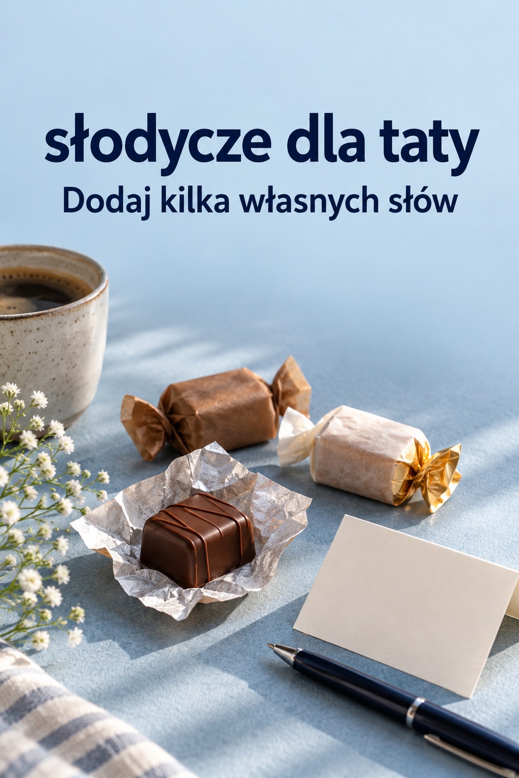 Słodycze dla taty: czekoladki i własna wiadomość Słodycze dla taty: trzy czekoladki, pusty bilecik i długopis na niebieskim stole