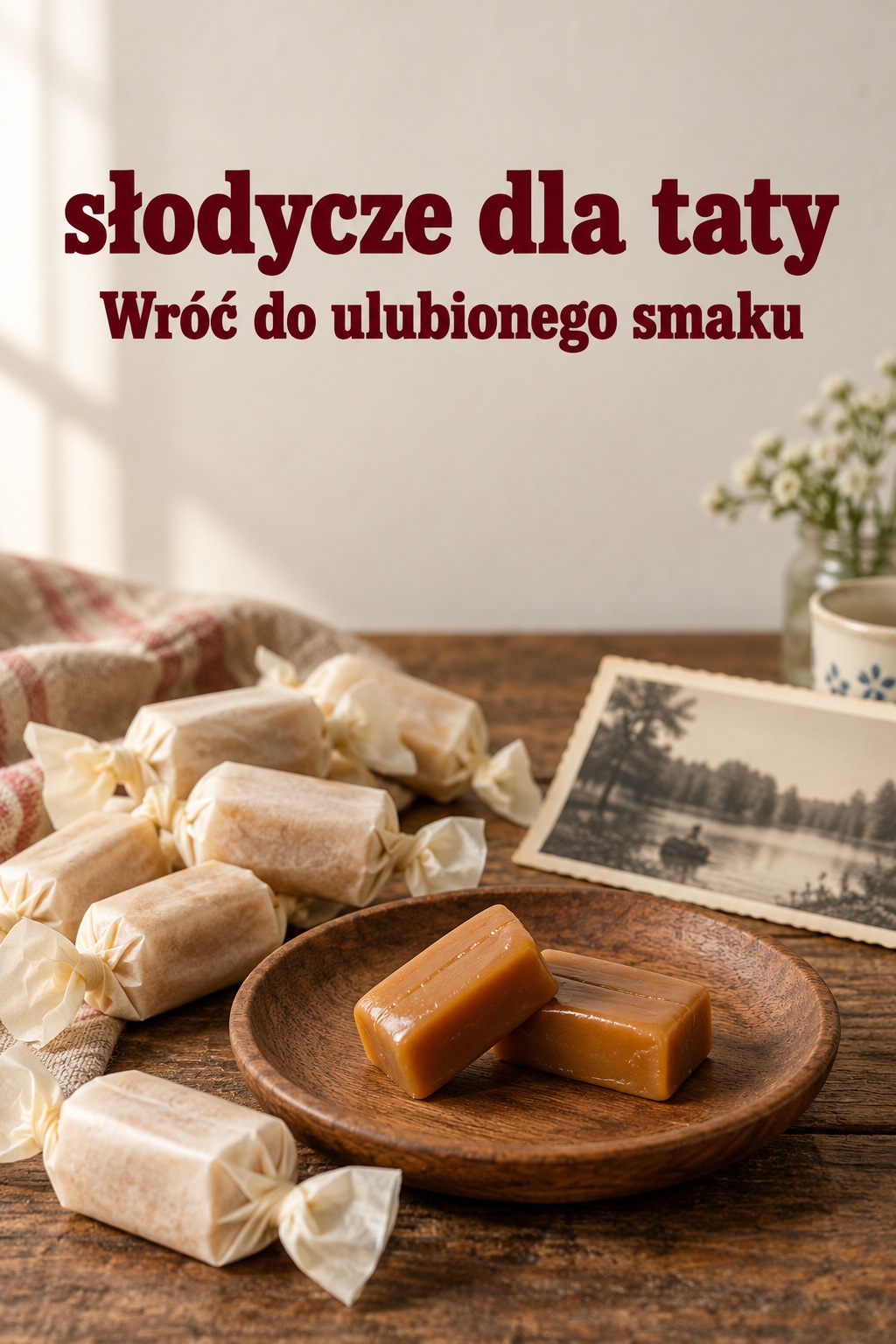 Słodycze dla taty: krówki i dawne wspomnienie Słodycze dla taty: krówki w papierkach i dwie odkryte krówki obok starego zdjęcia