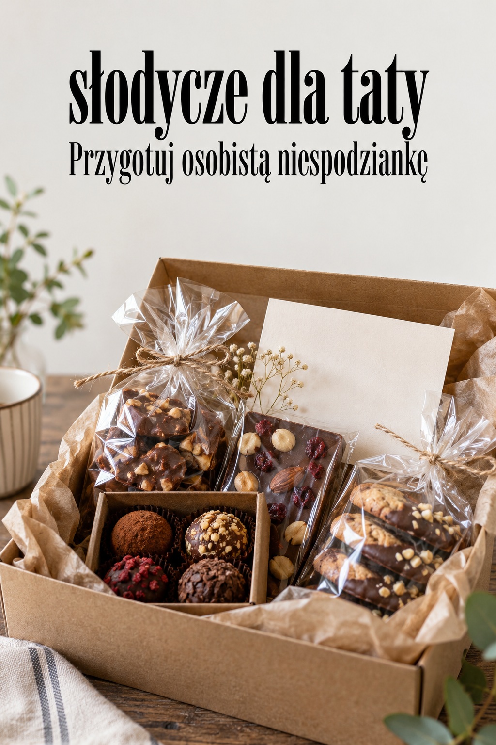 Słodycze dla taty: pudełko z osobistą wiadomością Słodycze dla taty: pudełko czekolady, ciastek i trufli w opakowaniach z pustą kartką
