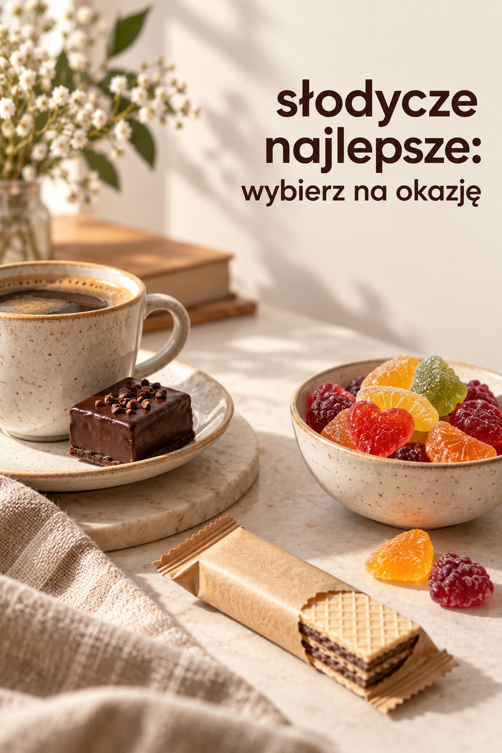Słodycze najlepsze: dobór do okazji Słodycze najlepsze na różne chwile: ciastko do kawy, wafelek i miska żelków