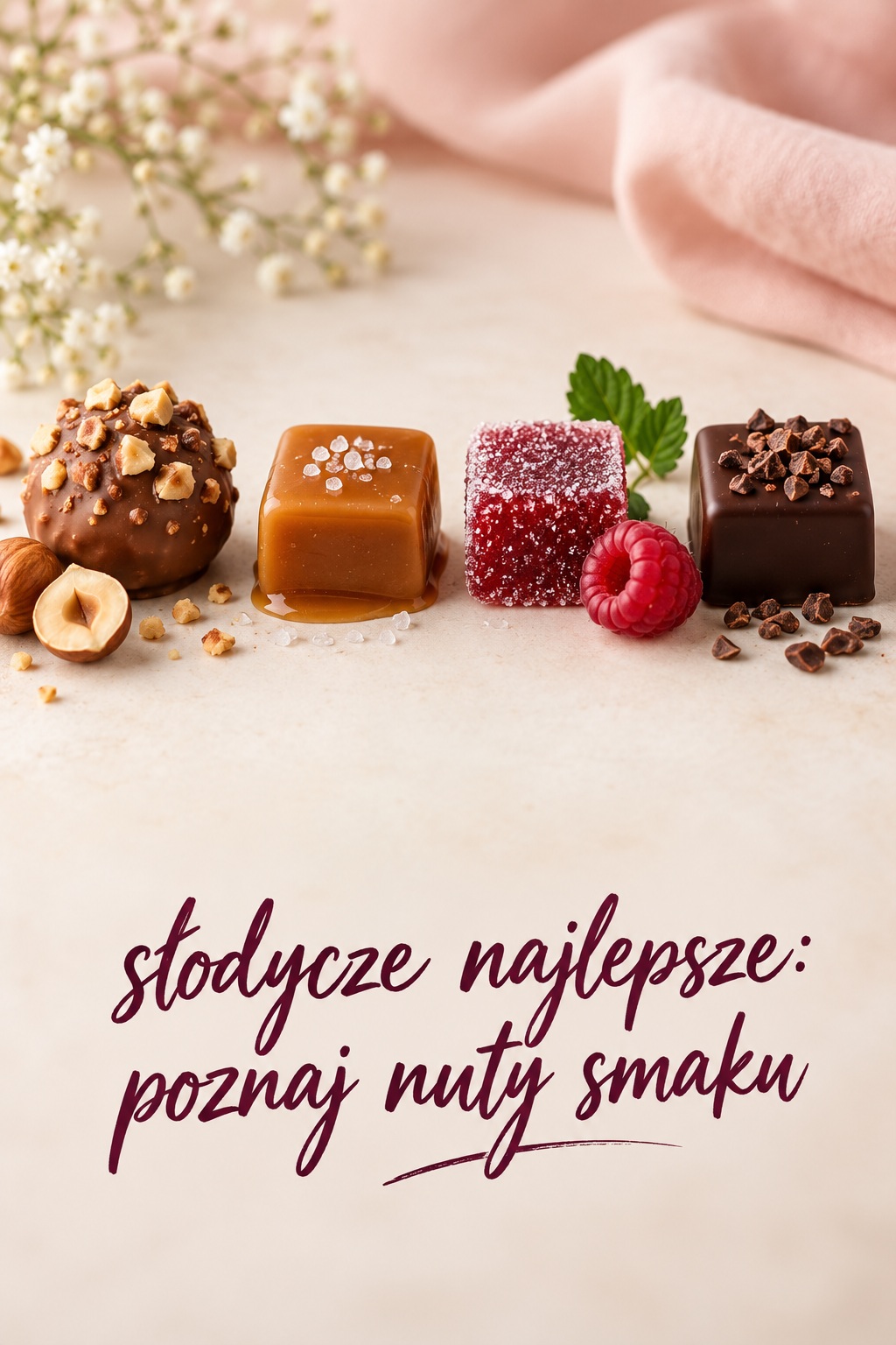 Słodycze najlepsze: różne nuty smakowe Słodycze najlepsze: pralina, karmel, galaretka malinowa i czekolada z kakao