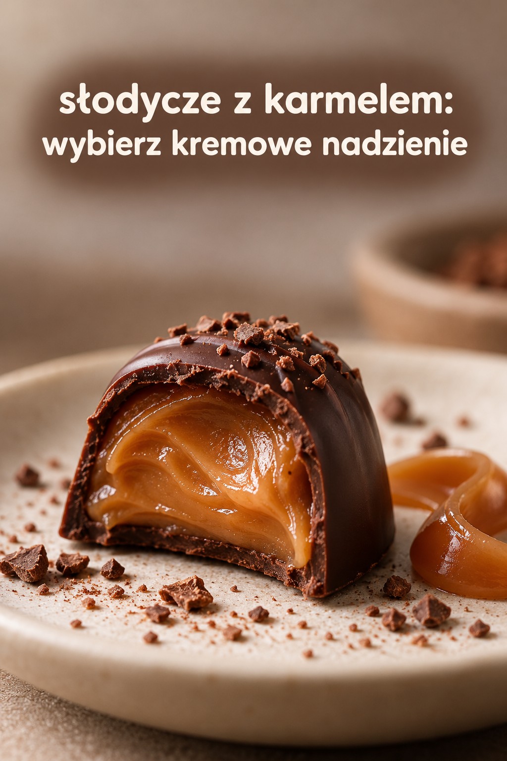 Słodycze z karmelem i kremowe nadzienie Słodycze z karmelem: przekrojona pralina z kremowym środkiem