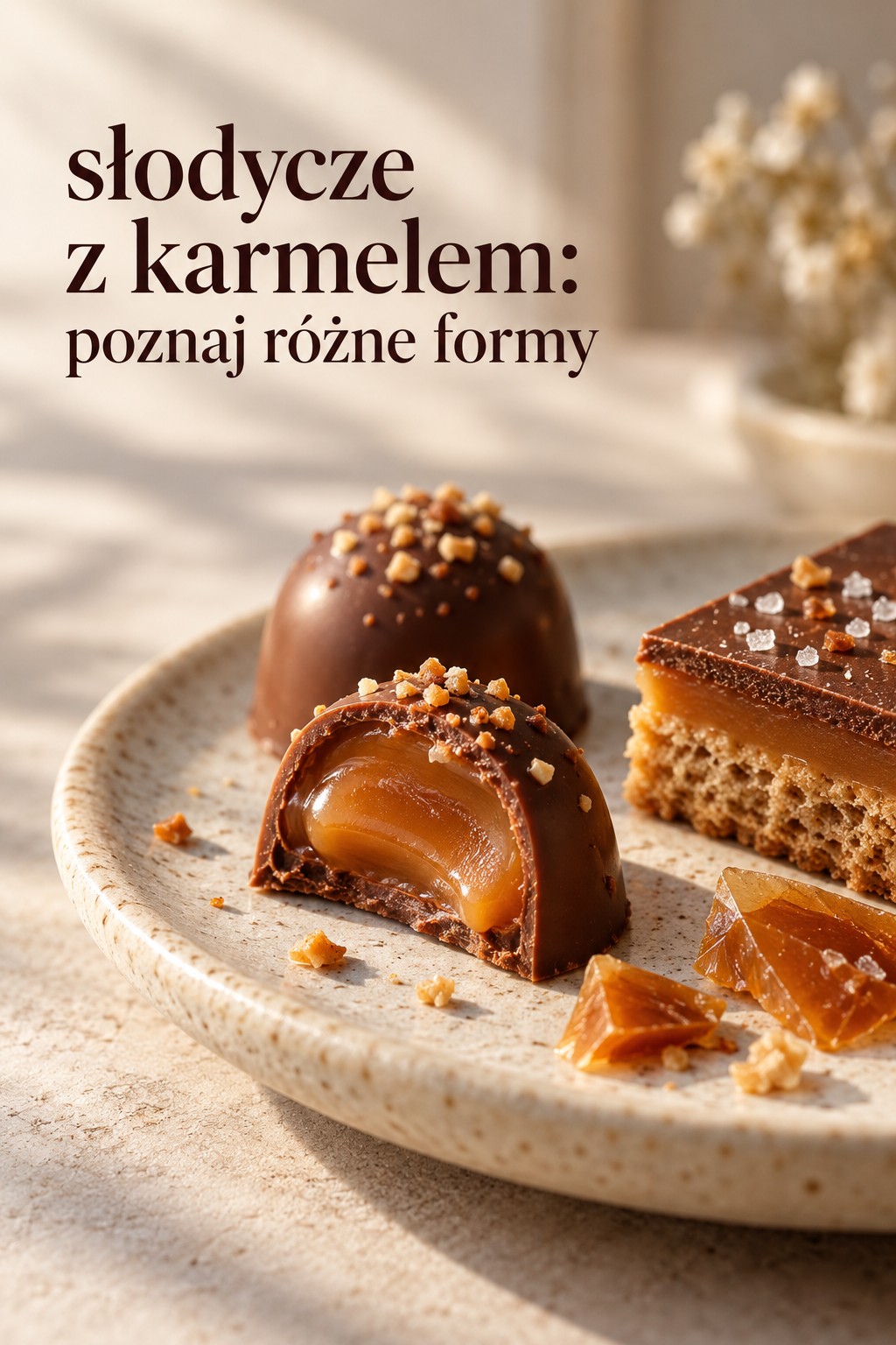 Słodycze z karmelem w różnych formach Słodycze z karmelem w formie praliny i warstwowego ciastka