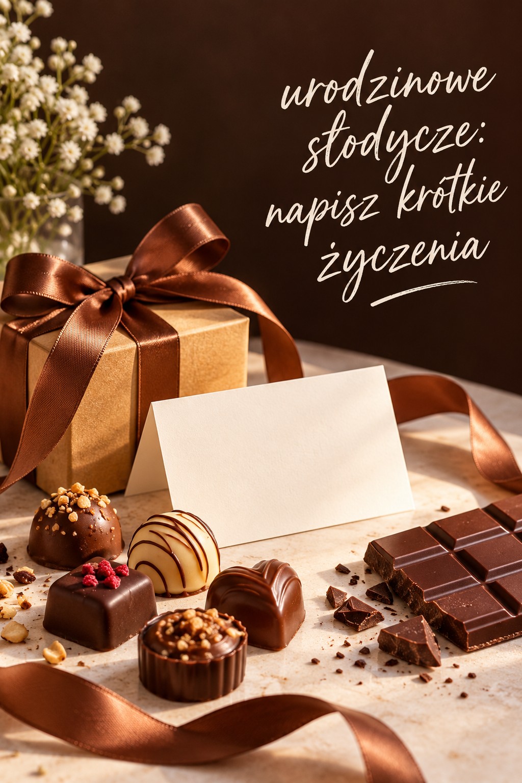 Urodzinowe słodycze i krótkie życzenia Urodzinowe słodycze, pusta kartka i czekoladki przy pudełku z kokardą