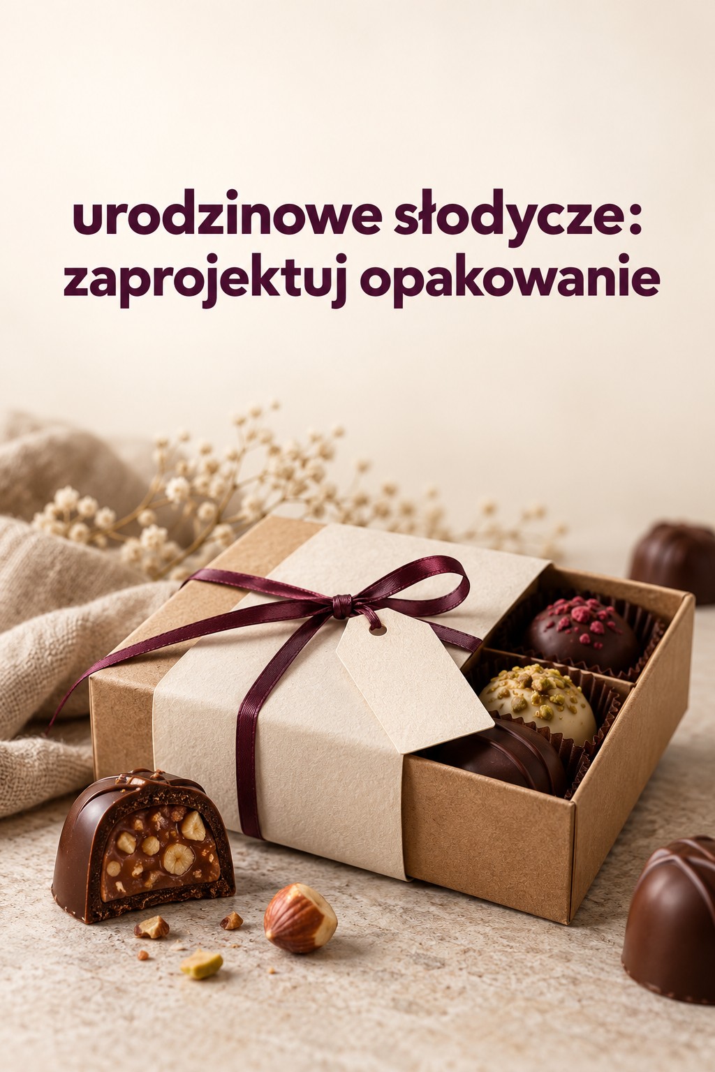 Urodzinowe słodycze z personalizowanym pudełkiem Urodzinowe słodycze w pudełku z personalizowaną papierową opaską
