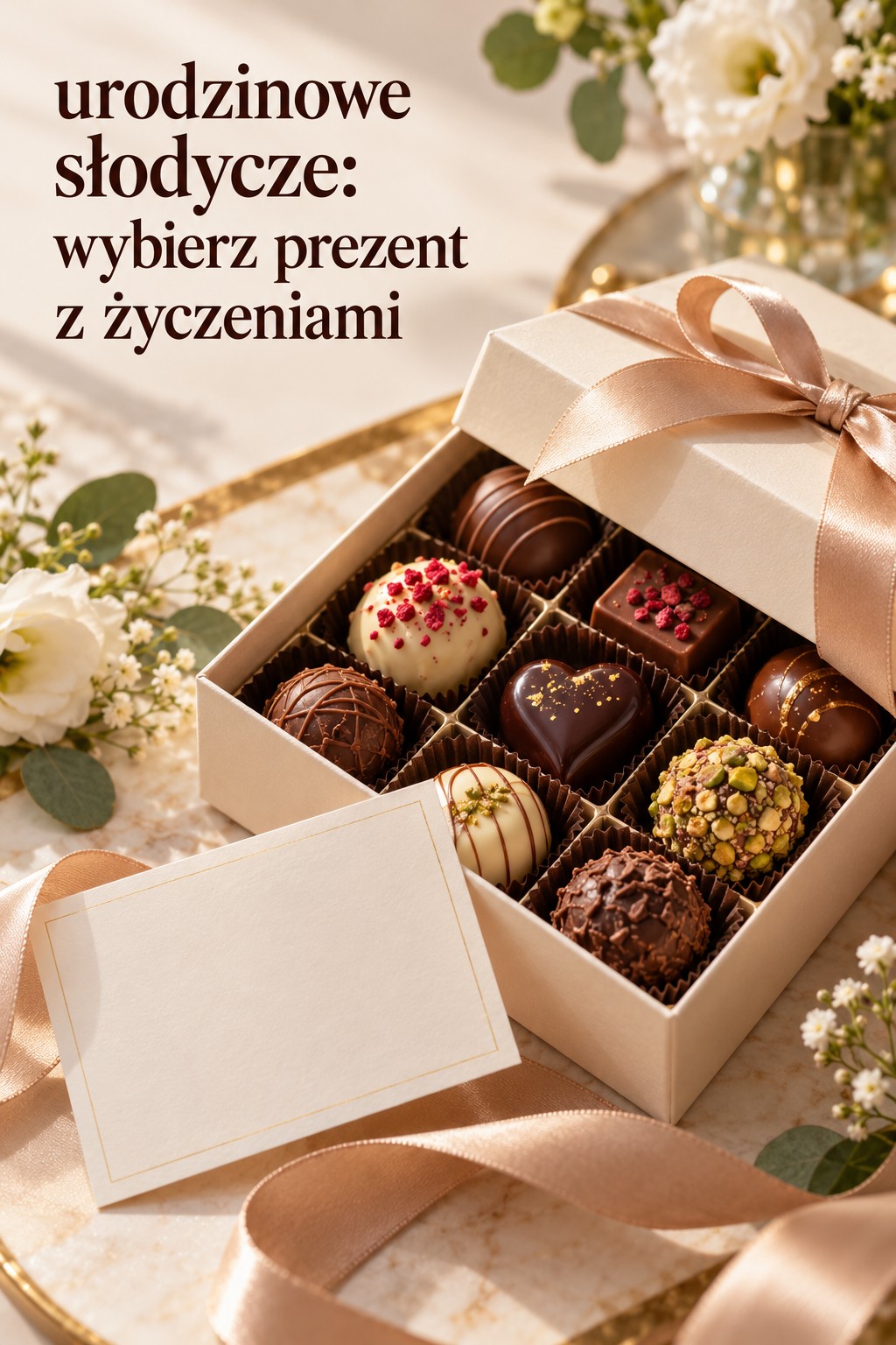 Urodzinowe słodycze jako prezent z życzeniami Urodzinowe słodycze w pudełku z pralinami i miejscem na życzenia