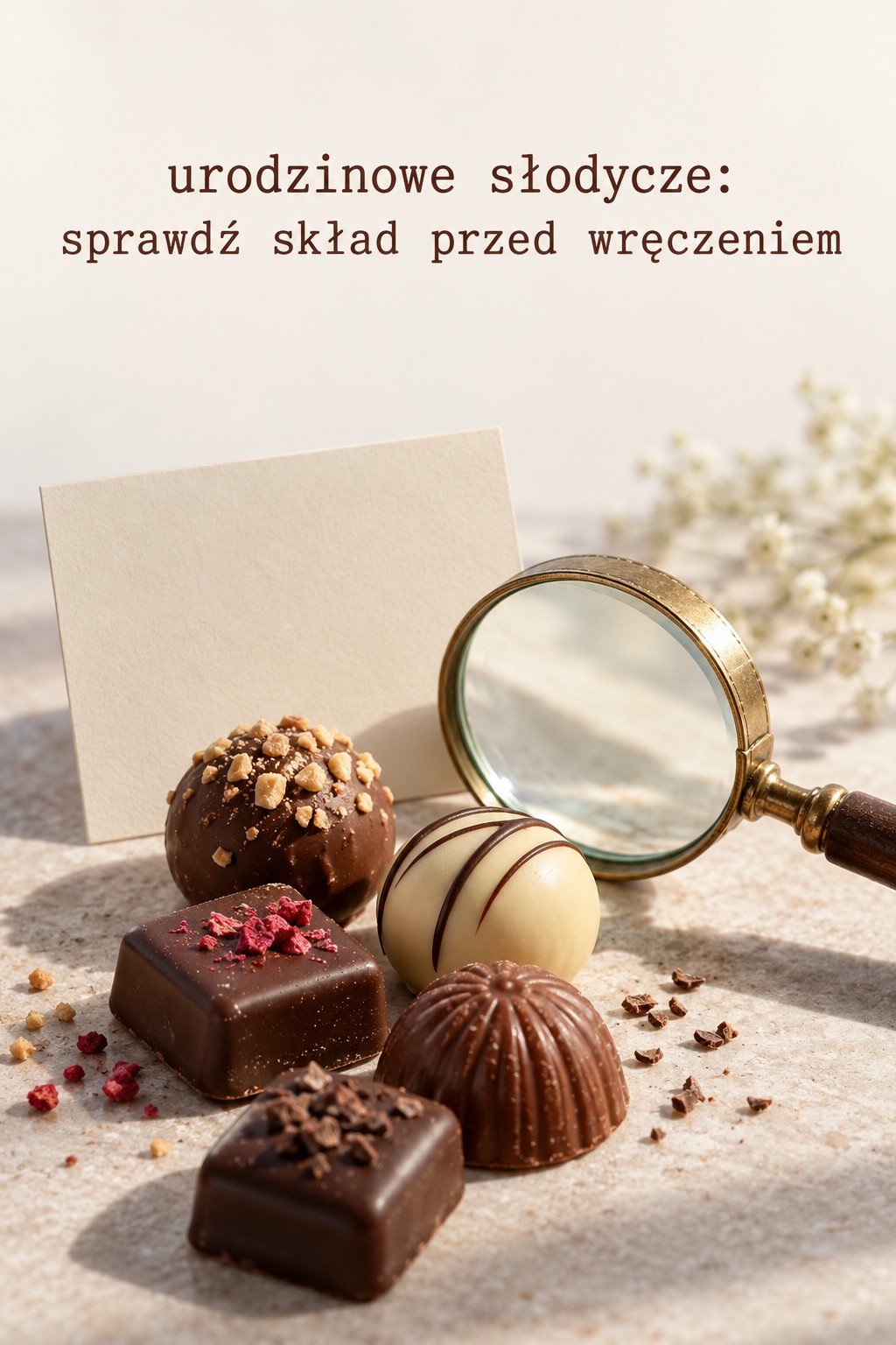 Urodzinowe słodycze i sprawdzanie składu Urodzinowe słodycze obok pustej karty i lupy