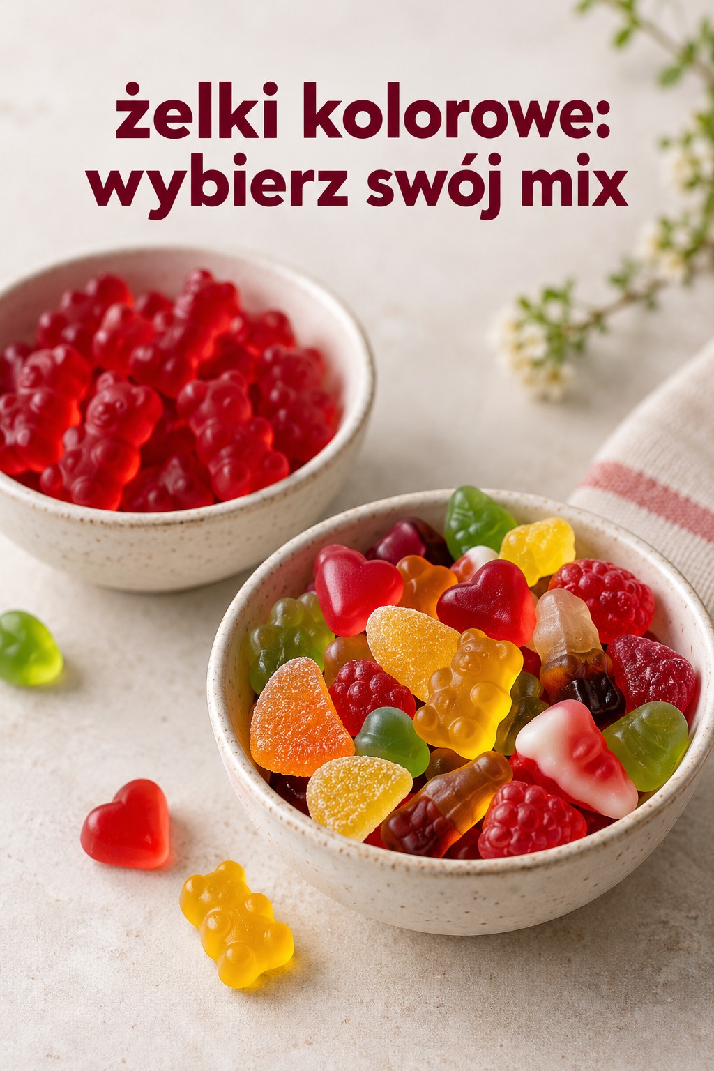 Żelki kolorowe, wybierz swój mix żelki kolorowe w dwóch miskach, jeden rodzaj i różnorodny miks