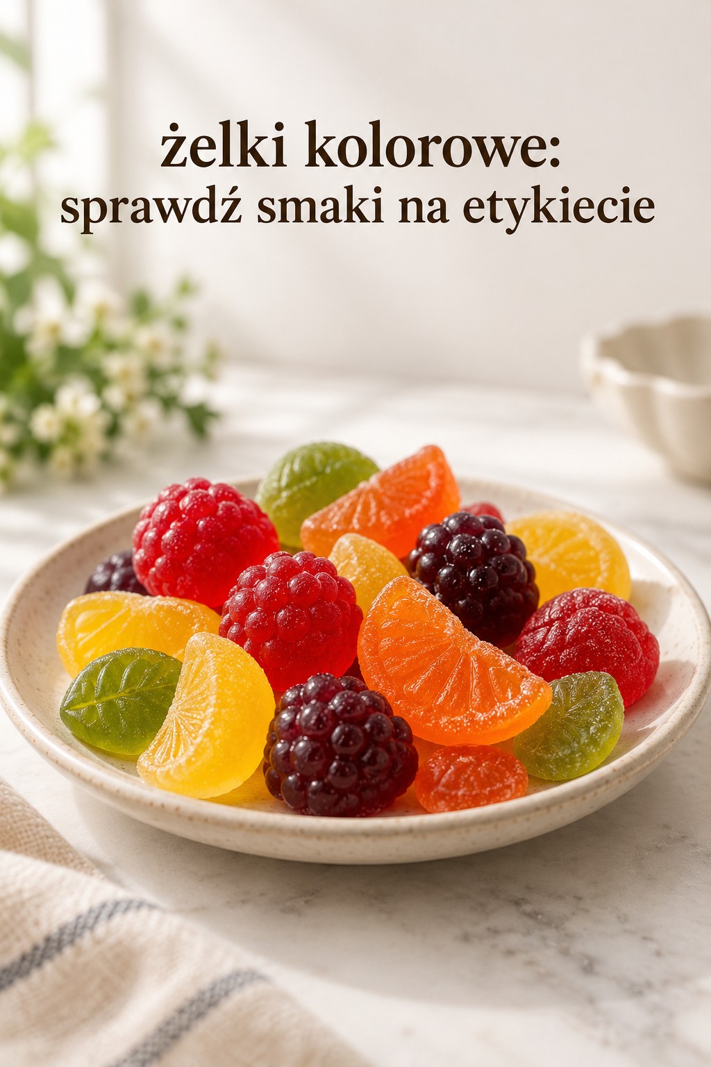 Żelki kolorowe na talerzyku żelki kolorowe w różnych owocowych kształtach na ceramicznym talerzyku