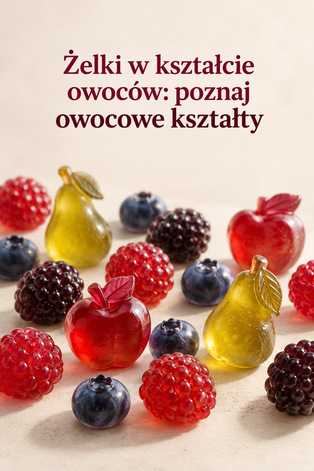 Żelki w kształcie owoców: jagody i owoce Żelki w kształcie owoców: maliny, jeżyny, borówki, jabłka i gruszki na jasnym tle