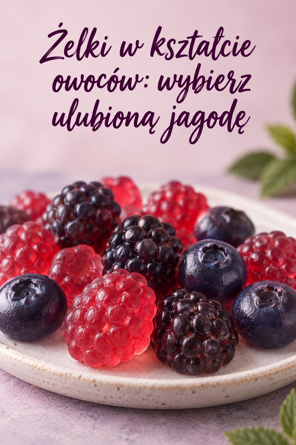 Żelki w kształcie owoców: maliny i jeżyny Żelki w kształcie owoców: czerwone maliny, ciemne jeżyny i granatowe borówki