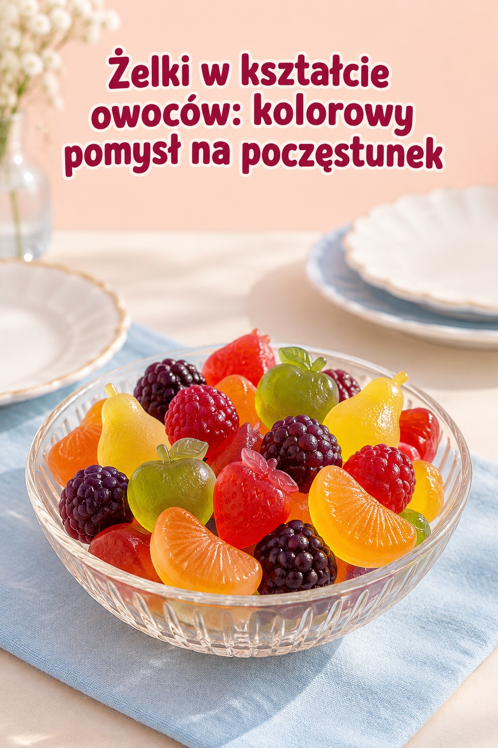 Żelki w kształcie owoców: kolorowy poczęstunek Żelki w kształcie owoców: kolorowy miks malin, jeżyn, jabłek, gruszek i cytrusów w szklanej misce